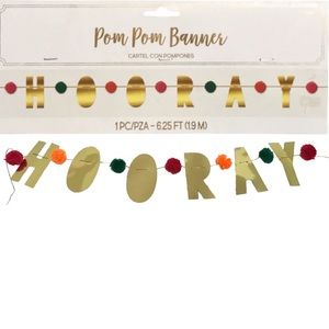 Multi-Color Pom Pom Gold Metallic Hooray Party Celebration Banner